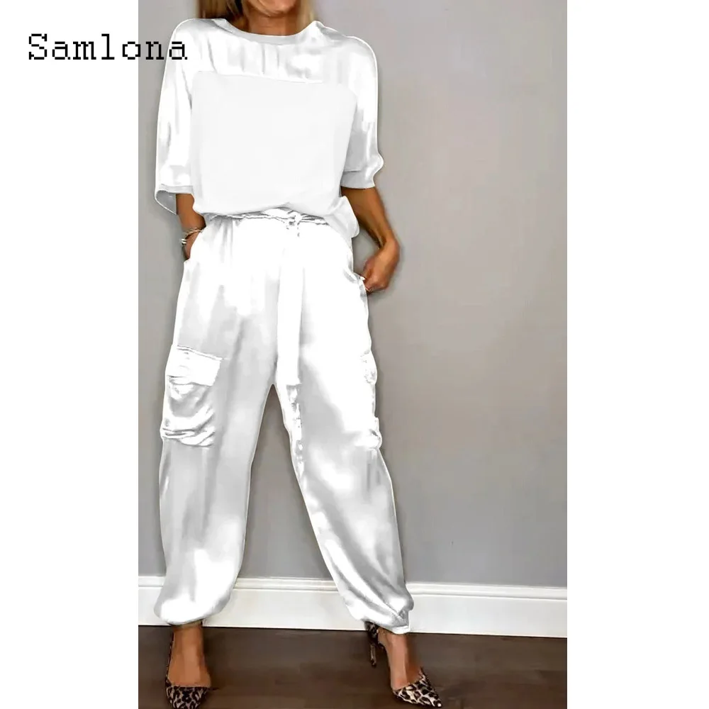 طقم بدلة رياضية من الساتان من قطعتين للنساء ، بلوزة غير رسمية ، بنطلون برباط كاكي ، بدلة عتيقة ، بلوزة مرقعة ، أنثى ، صيف ، جديد ، #3