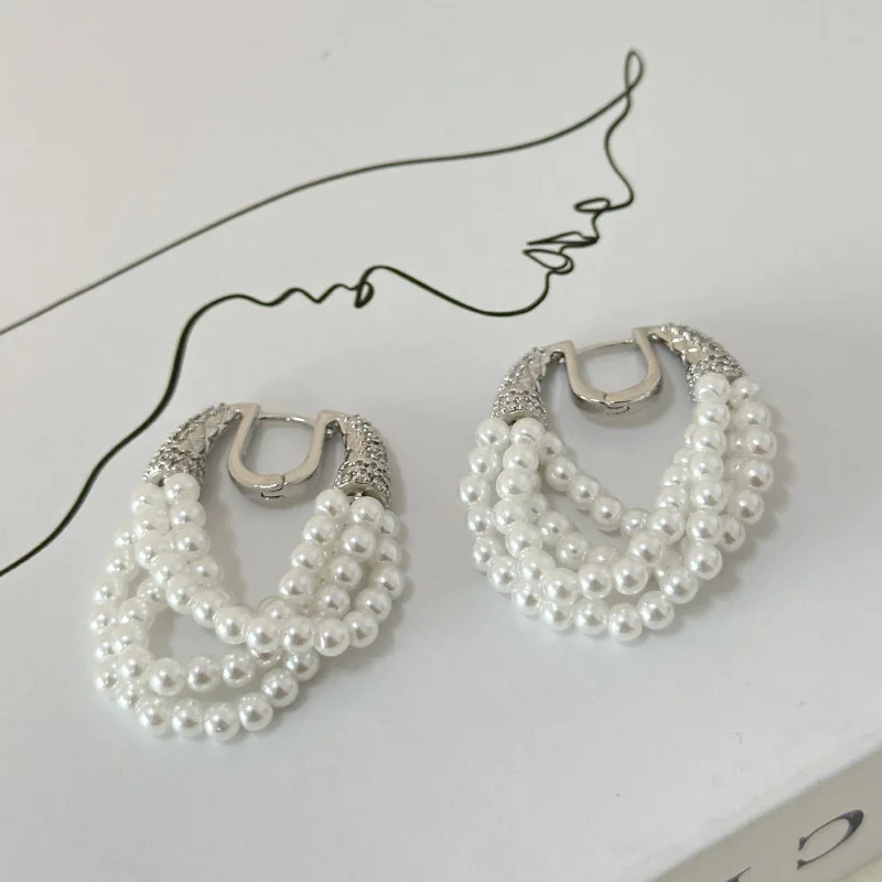 French vintage glitter zircon U-shaped multi-layer pearl tassel earrings women's retro banquet tender eardrop