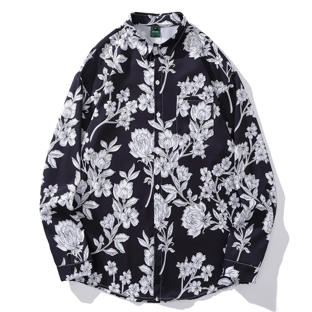

Flower Printed Long Sleeve Shirts Men Women Turn-down Collar Men's Shirts 2023 Autumn Male Top Black