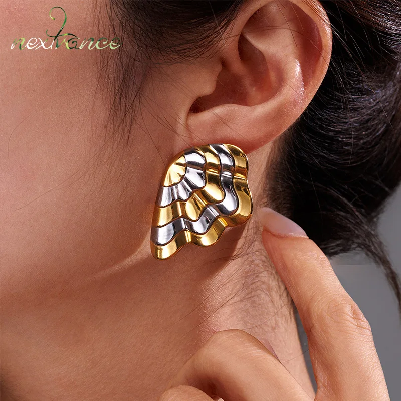 Nextvance Two Tone Shell Shape Stud Earrings Geometric Glossy Ribbed Wing Mixed Color Metal Stainless Steel Jewelry Gifts