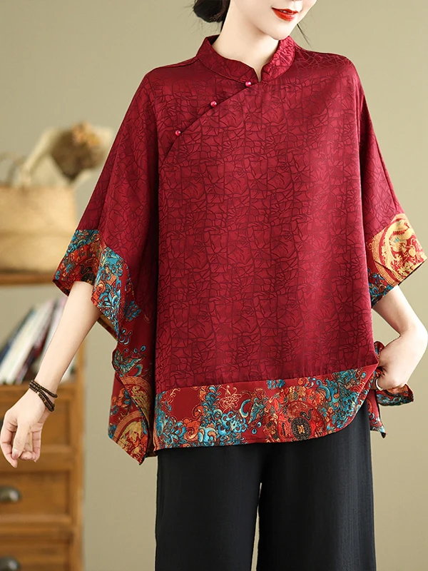 قميص نسائي أنيق على الطراز الصيني بأكمام خفاش وأزرار أمامية، تصميم فضفاض لفصل الصيف، إصدار جديد أنيق، ملابس أنيقة للأمهات