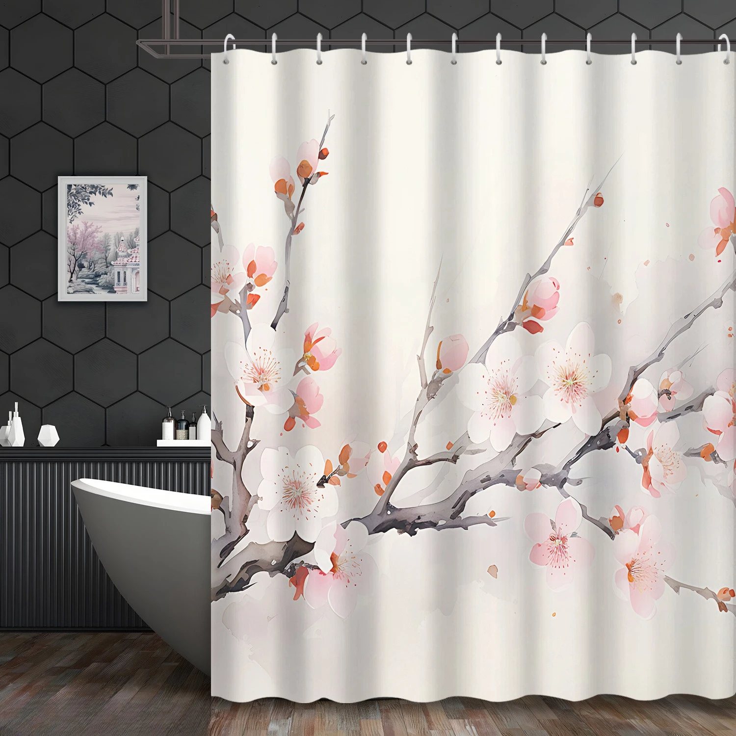 

1pc Watercolor cherry blossom pattern shower curtain, polyester fabric, machine washable, suitable for bathroom