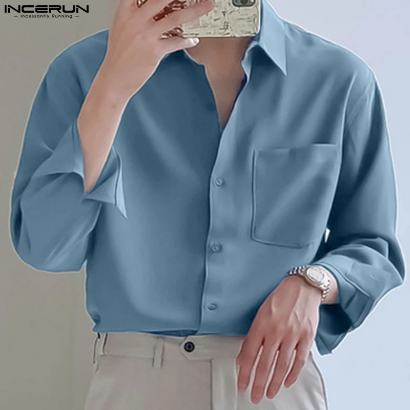 Men Casual Shirt Solid Color Lapel Long Sleeve Streetwear Pockets 2024 Fashion Camisas Loose Leisure Men Clothing S-5XL INCERUN