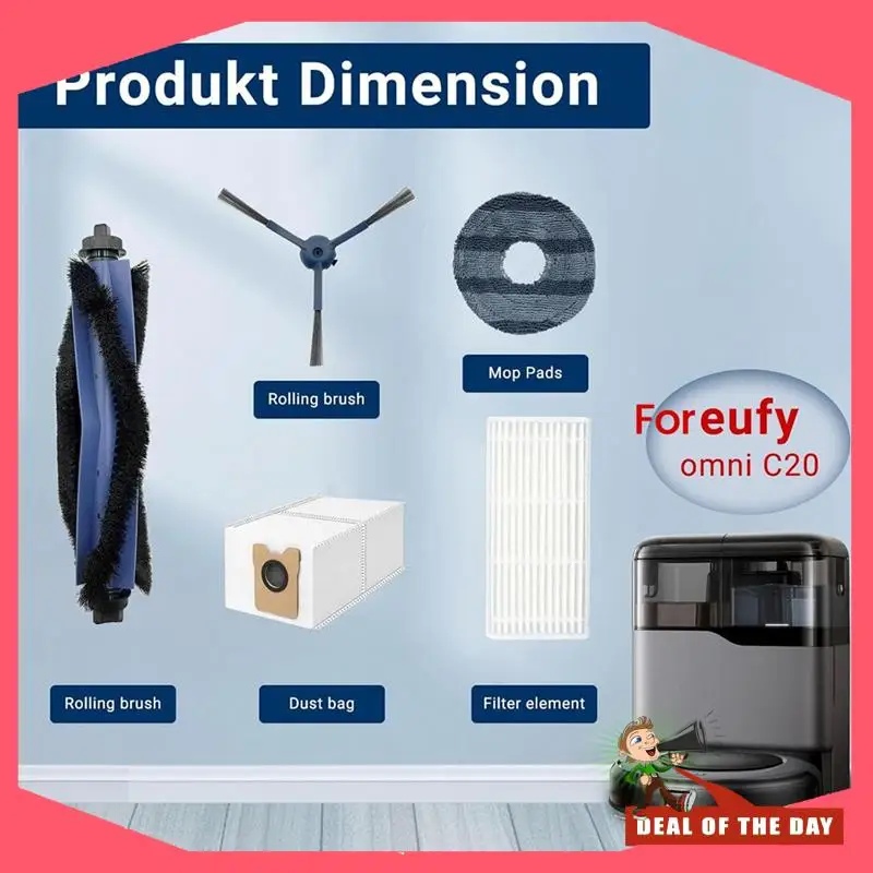 24-часовой комплект сменных аксессуаров для Eufy Omni C20: основная боковая щетка, фильтр HEPA, тряпка для швабры, мешок для пыли