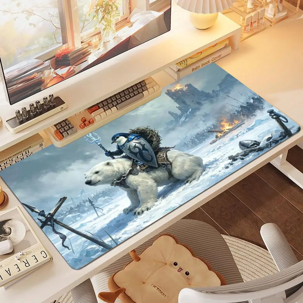 Mousepad Anime Large Size Fantasy Penguin Knight On Polar Bear For Laptop Bedroom Learning Mat