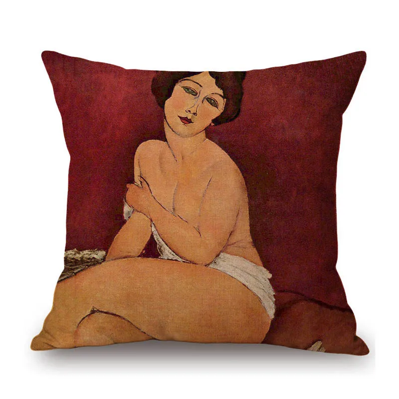 

Italian Amadeo Modigliani Oil Painting Nude Girl Naked Woman Abstract Portrait Sofa Pillow Cover Modern Art Linen Cushion Cover