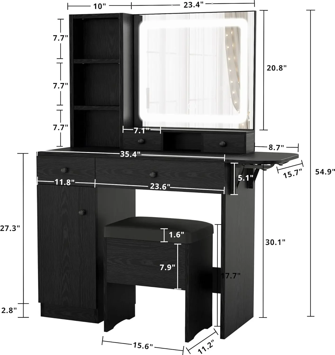 LIKIMIO Vanity Desk with Drawers & LED Lighted Mirror & Power Outlet & Cabinet, Storage Stool, Stylish Bedroom Makeup Table Set,