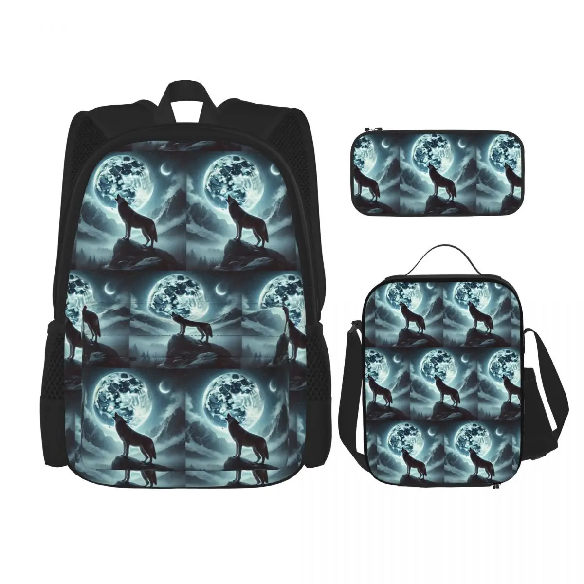 Howling Wolf Under The Moonlight Print Backpacks Children Bookbag School Bags Rucksack Lunch Bag Pen Bag Three-Piece Set