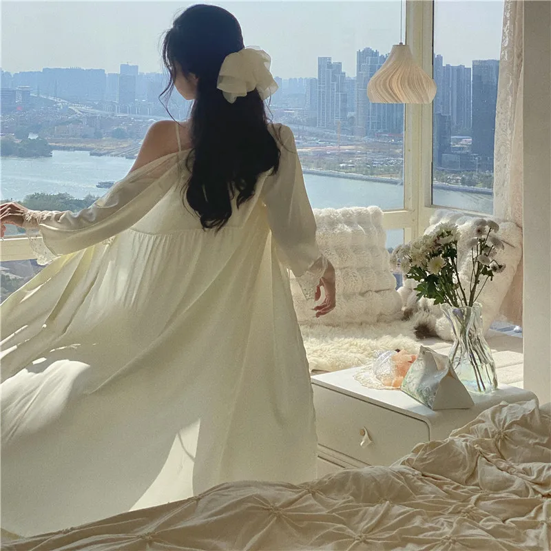 Nightgown Sleepwear Sexy Patchwork Lace Nightdress Bathrobe Gown Women Wedding Nighty&Robe Set Summer Satin Home Wear LoungeWear