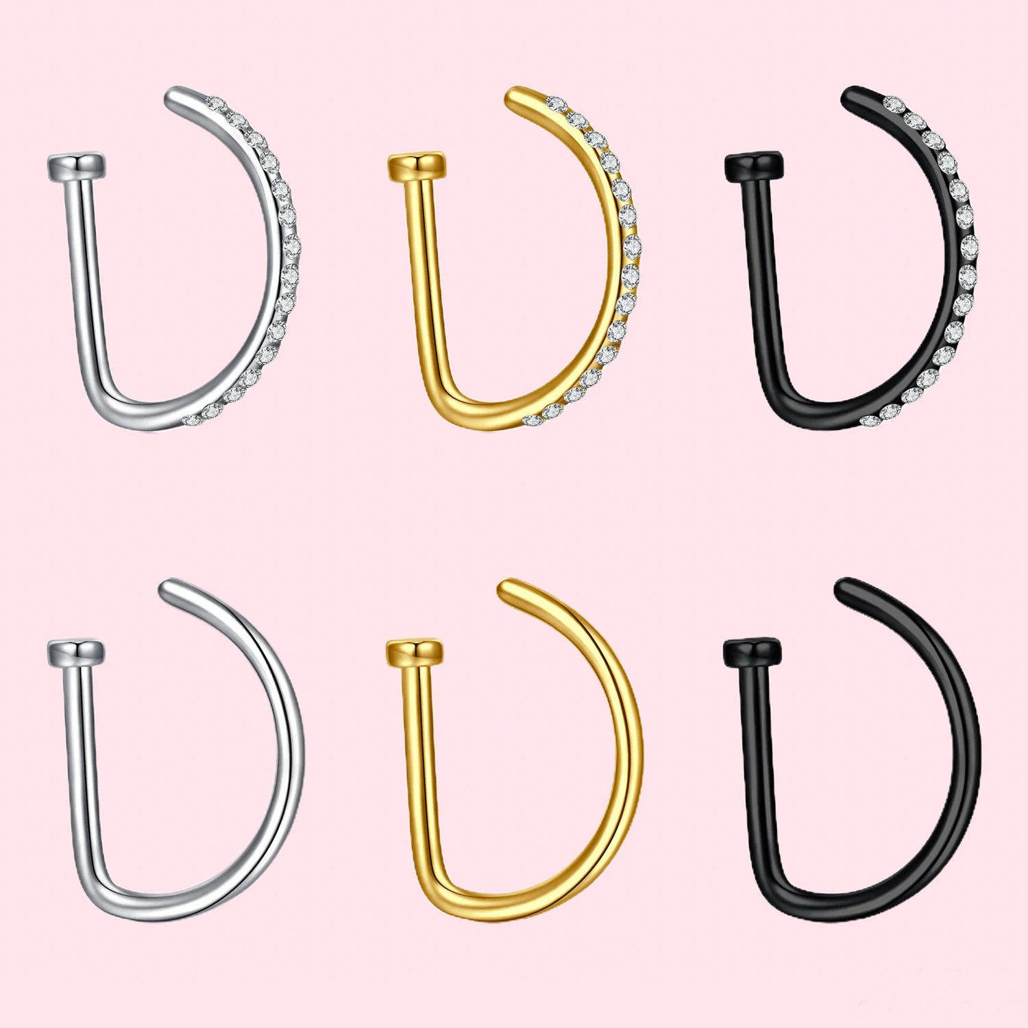18G D-Shape Nose Rings CZ Septum Hoop Studs for Women Men Hypoallergenic Piercing Jewelry with Zircon 1pcs/6pcs