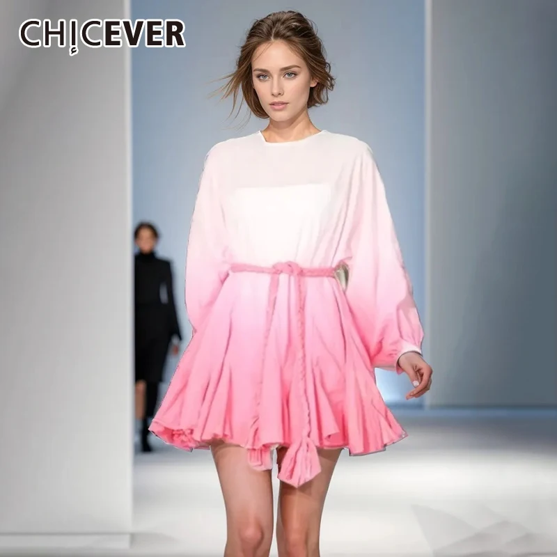 

CHICEVER loose mini Dress For Women Round Neck Long Sleeve High Waist Spliced Lace Up Popular Designer hit color Dress Female
