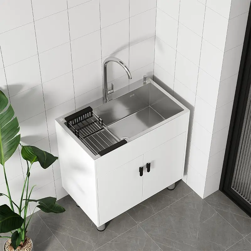 New sink integrated cabinet bathroom cabinet household kitchen balcony rental room single slot floor type simple vegetable washi