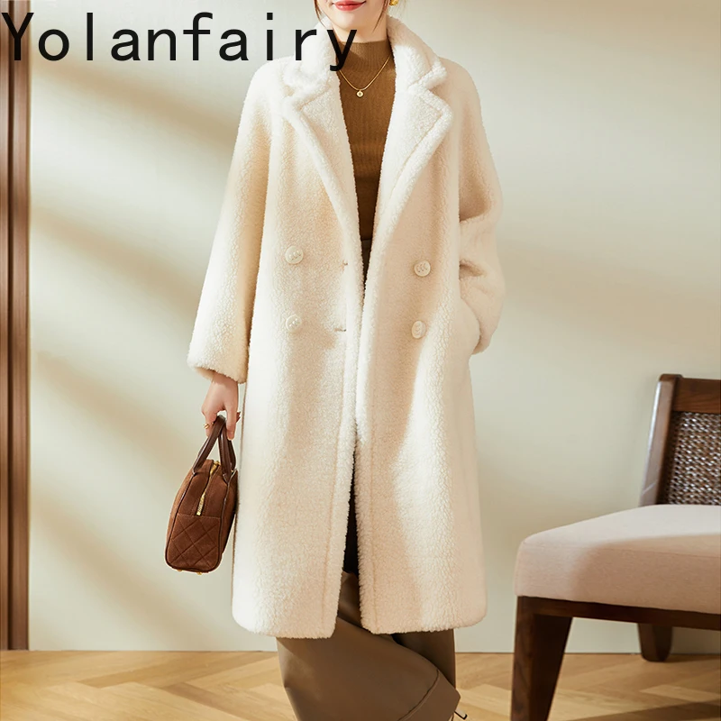 YOLANFAIRY 100% Wool Real Fur Coat Women Long White Womens Clothes Lamb Winter Coats Shearing Natural Jackets 2024 Шуба Женская