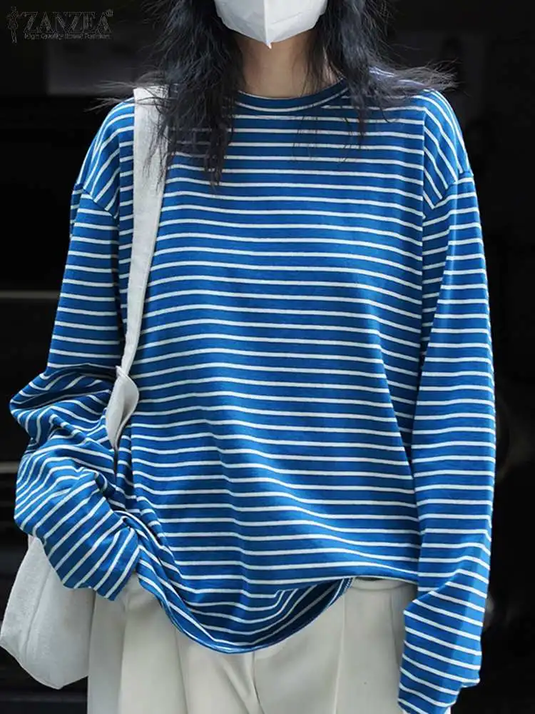 

ZANZEA Women Causal Striped Printed Blouse Street 2024 Spring Korean Colorblock Long Sleeve Shirt Round Neck Oversize Tops Tunic