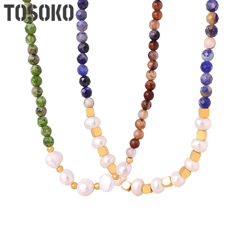 

TOSOKO Stainless Steel Jewelry Multi Color Natural Stone Splicing Freshwater Pearl Handmade Beaded Necklace Pendant BSP1742