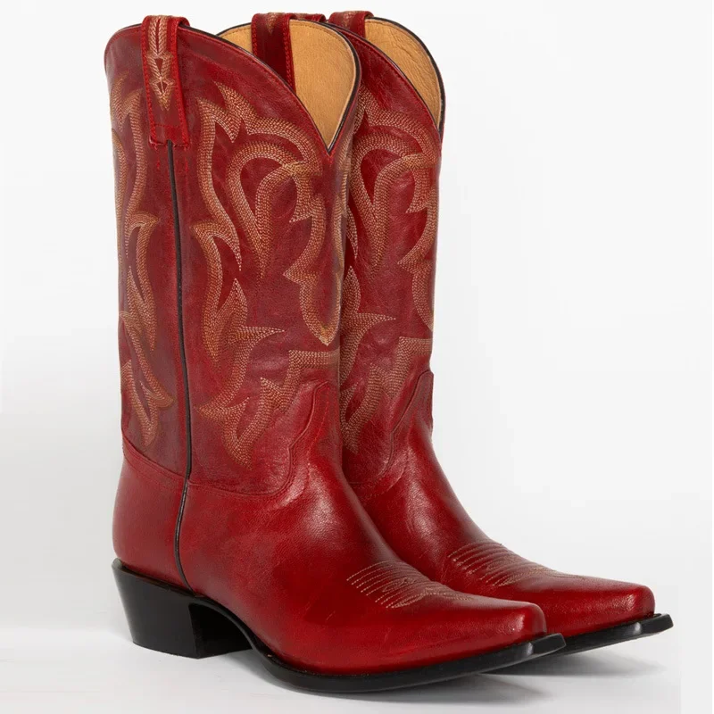 Embroidered Red Western Botas With Medium Chunky Heel 2024 Fall/Winter Pointy Women's Large Size Jumper Western Cowgirl Boots