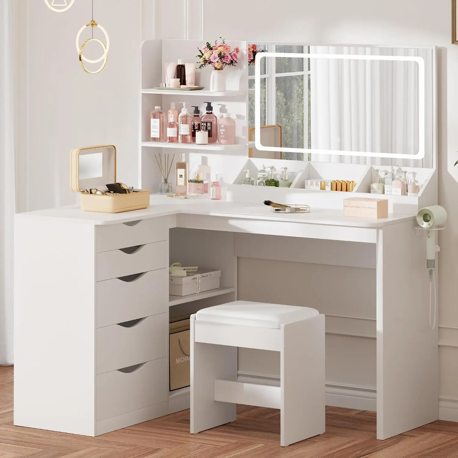 Corner Vanity Desk with LED Mirror, L-Shape Table with Outlet, 5 Drawers & 3 Shelves, 3 Light Modes, Bedroom, Customized