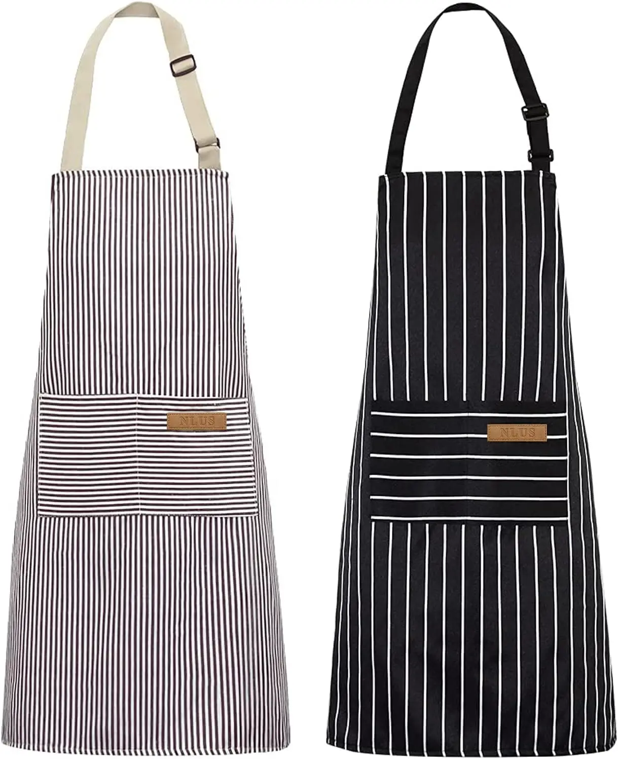 

2 Pack Kitchen Cooking Aprons, Adjustable Bib Soft Chef Apron with 2 Pockets for Men Women(Black/Brown Stripes)