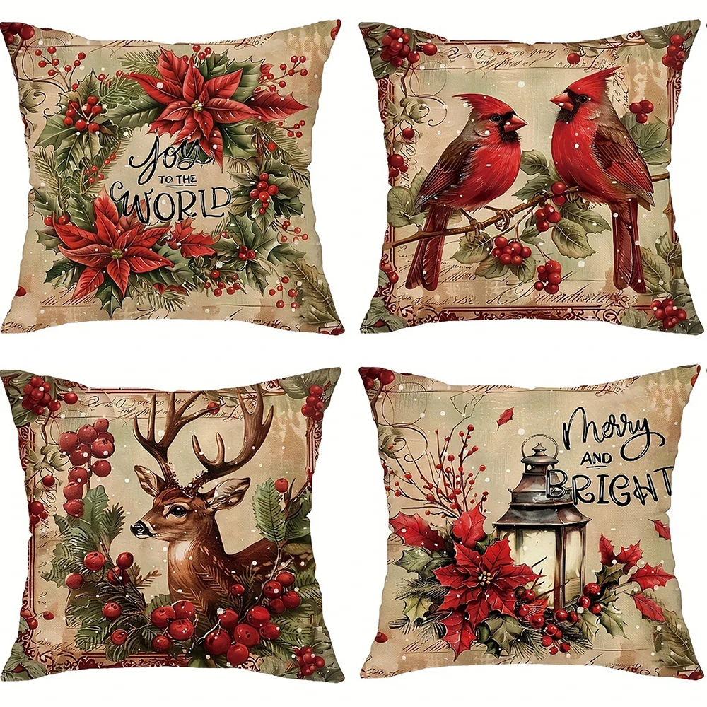 Weihnachtsdekoration Kissenbezug Retro Weihnachten Rotes Kleid Bischof Rentier Girlanden-Druck Sofa-Kissenbezug Heimdekoration Kurz