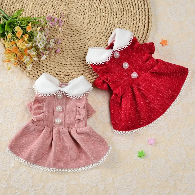 Elegant Princess Dress Dog Clothes Pearl Button Small Dogs Clothing Puppy Cat Dog Party Dress Up Winter Warm Pet Skirt Apparels