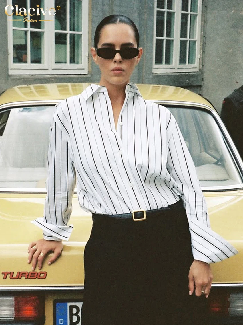 

Clacive Fashion Loose Stripe Office Women's Blouse 2026 Casual Lapel Long Sleeve Shirt Elegant Classic Top Female Clothing
