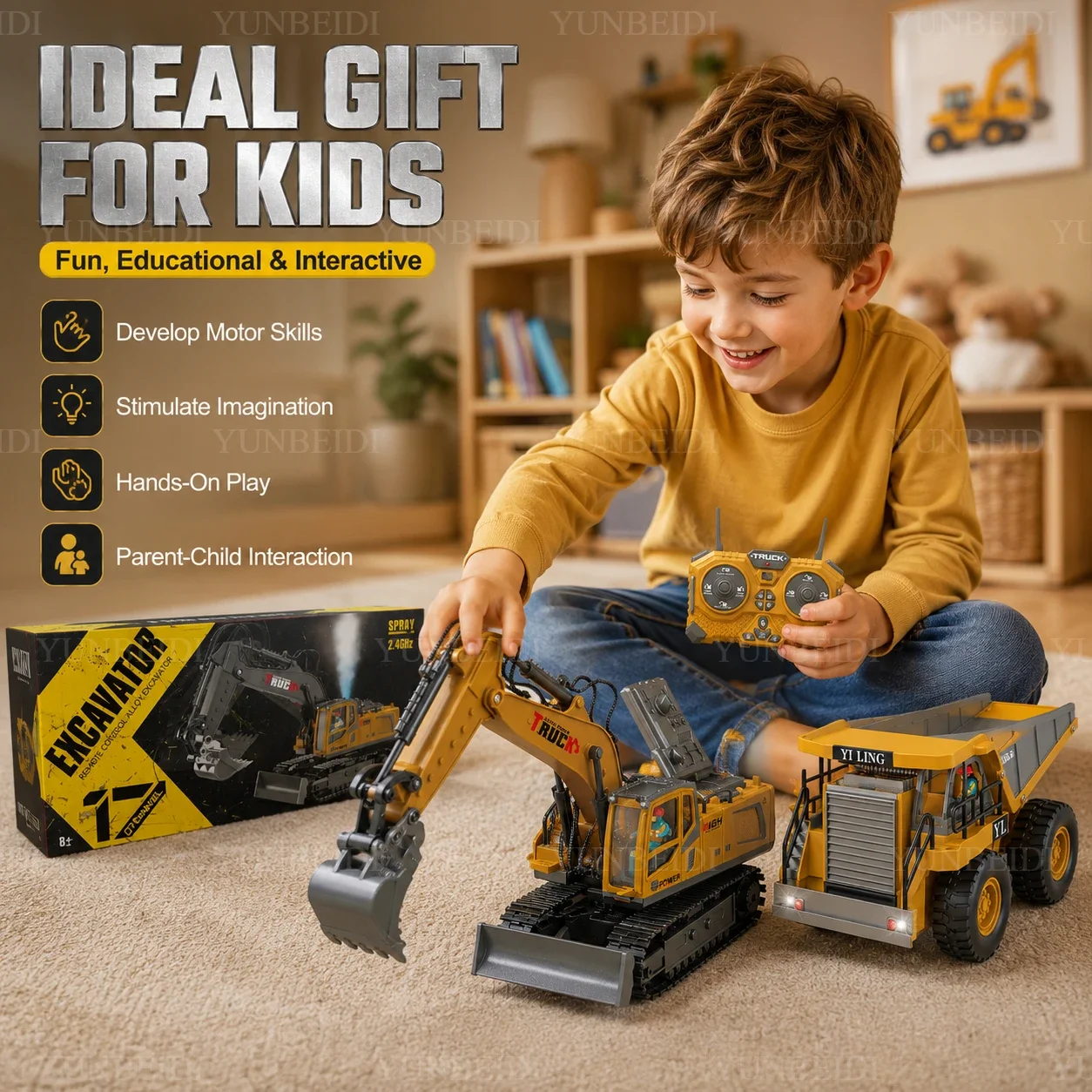 1/18 Alloy Spray RC Excavator Truck 17CH Engineering Vehicle Audio Lights 680° Rotating 2.4GHz RC Car Child's Toy Festival Gifts