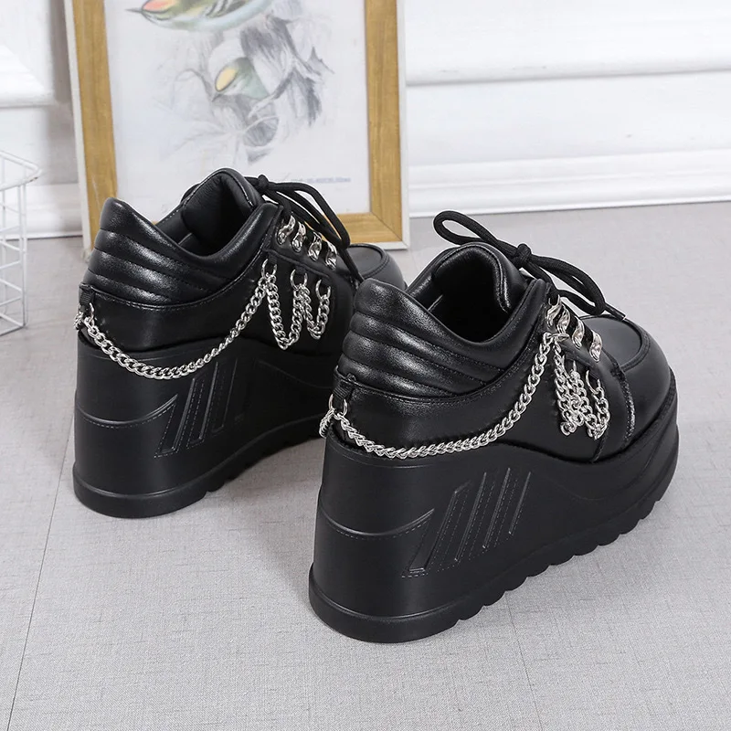 Metal Chain Punk Gothic Shoes Woman Thick Bottom High Wedge Sneakers for Women 2024 New Black Chunky Platform Y2K Uniform Shoes image 4