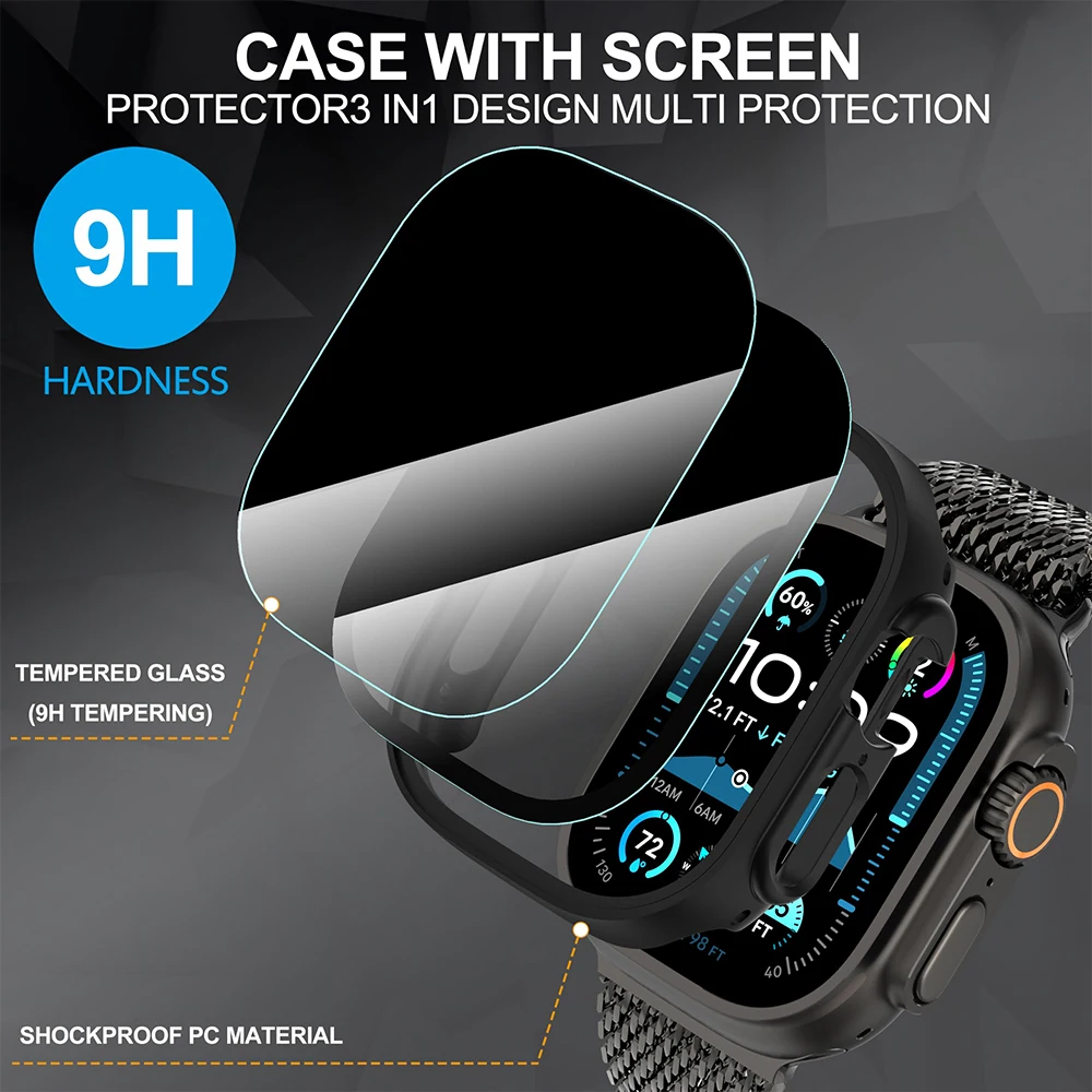 Privacy Tempered Glass+ case for Apple Watch ultra 49mm Anti-Spy Screen Protector Cover iWatch series  Ultra 2 49 mm Accessories