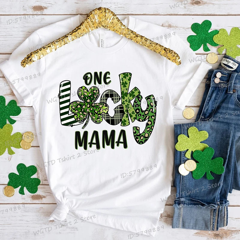 One Lucky Mama Shirt St. Patrick's Day Gift for Mama Pregnancy Reveal Funny T Shirts Lucky Mom Tops Tees Clover Lucky T-Shirts