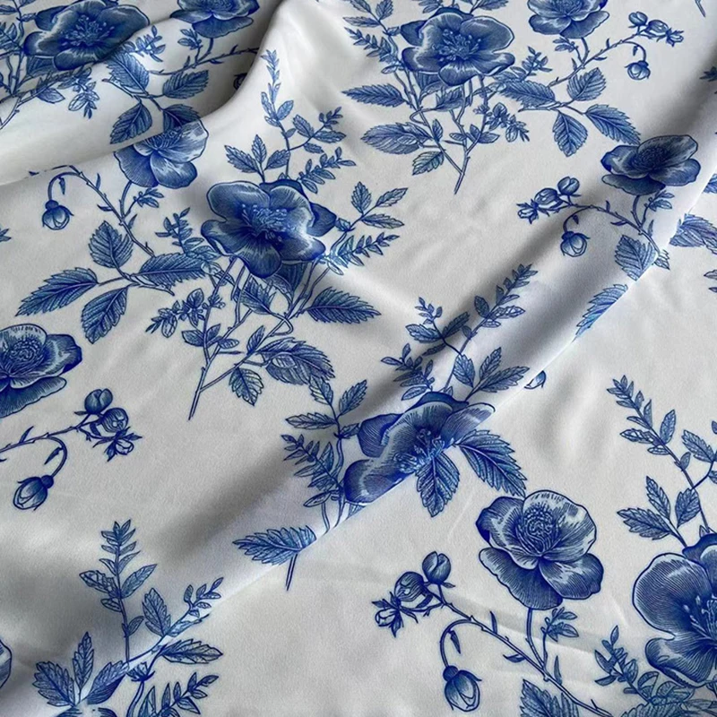 114CM Wide 16MM Blue Floral Printed Thin White Silk Crepe de Chine Fabric for Summer Dress Silk Tissue for DIY Sewing C001-23