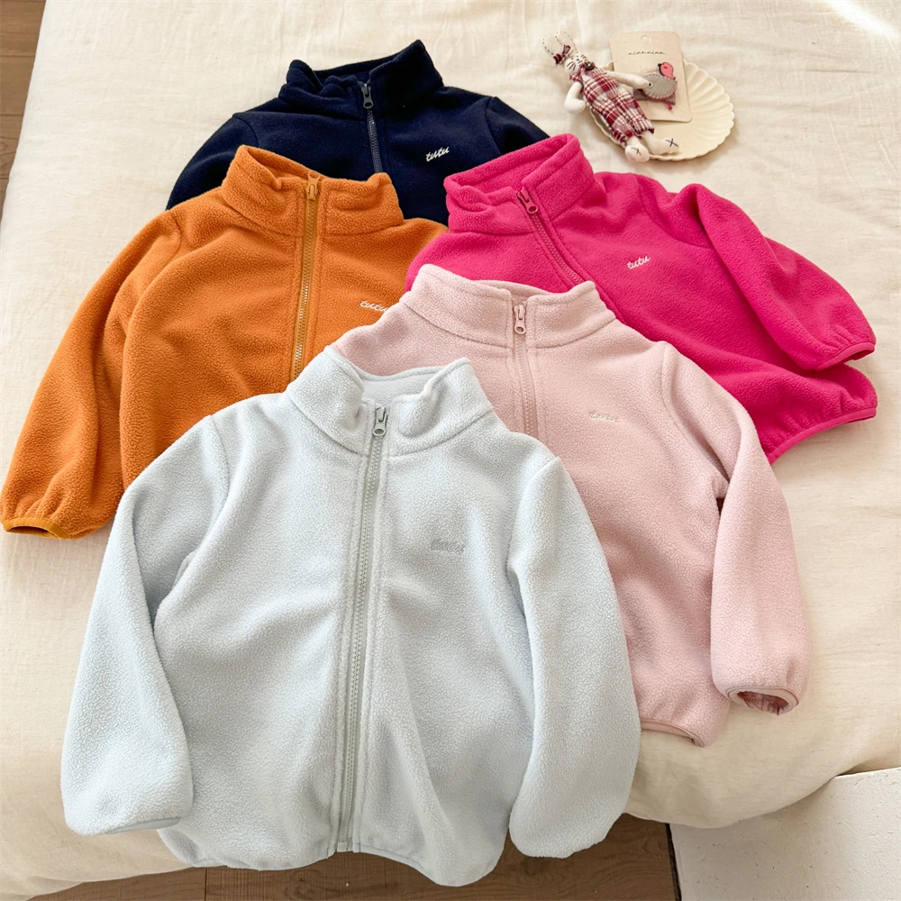 Children's Polar Fleece Coat Autumn Winter New Baby Boys Girls' Anti Static Inner Tank Warm Casual Solid Color Zipper Top