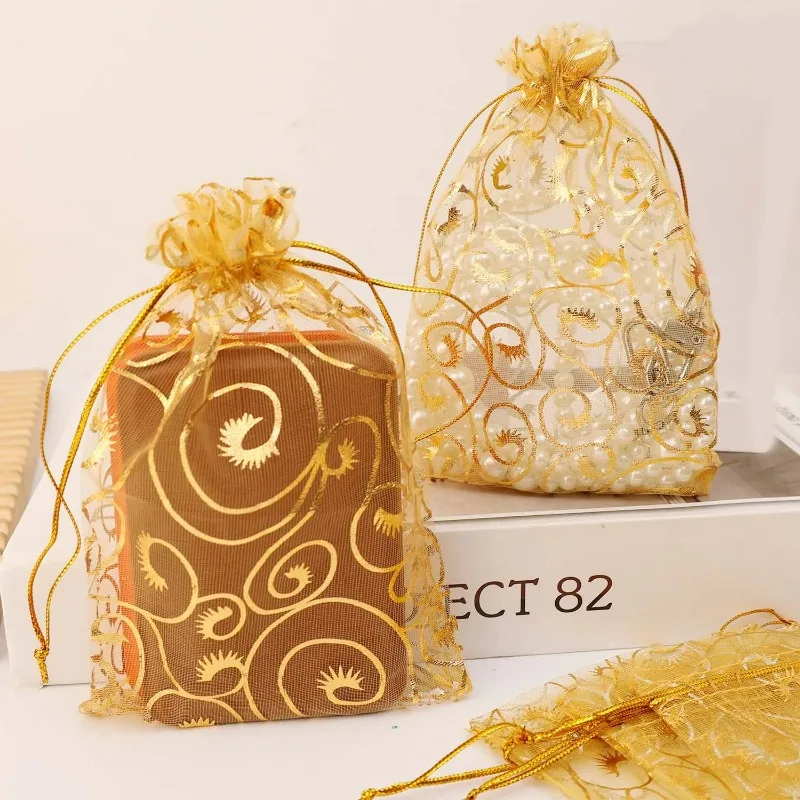 10/100x Mesh Drawstring Bag Gold Organza Gift Bags Christmas Wedding Birthday Party Favor Candy Jewelry Gifts Packing Pouch