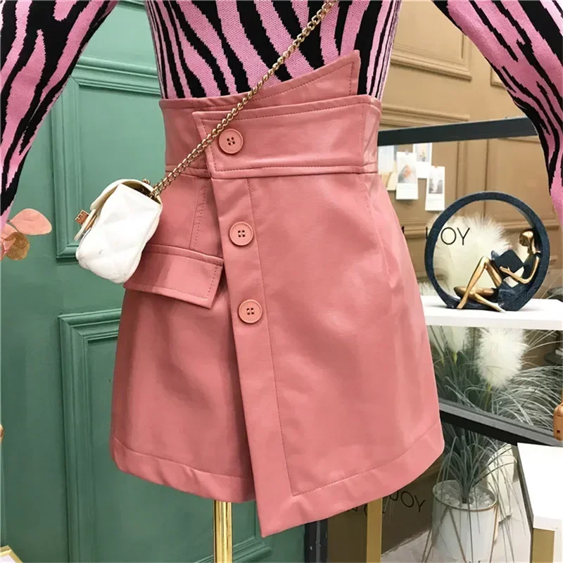 Korea New Fashion 2024 Spring Shorts Womens Pu Faux Leather Solid Color Irregular Hips Button Elegant Mini Shorts