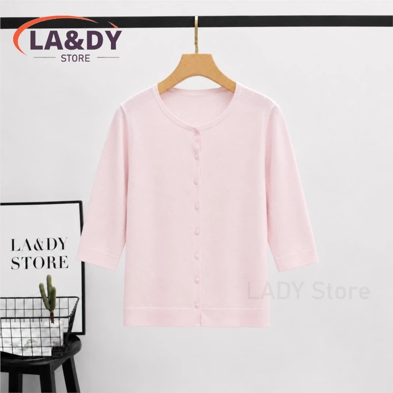 Women's Elegant Round Neck Knit Cardigan Half Sleeve Button Up Soft Lightweight Sweater Top for Spring Summer