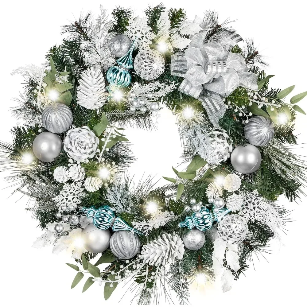 

30 Inch Pre-Lit Christmas Wreath for Front Door - Large Lighted Wreath with Silver Blue White Xmas Balls