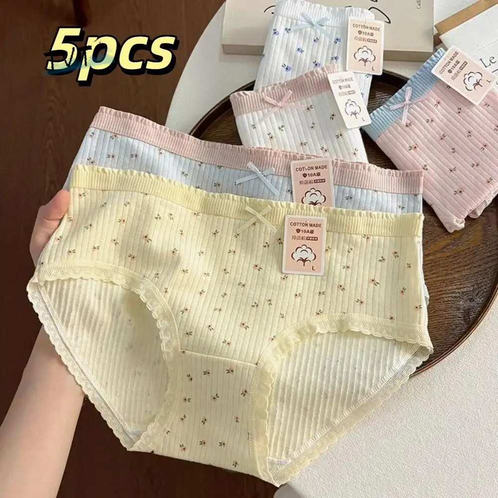 

5Pcs Soft Bowknot Lace Flower Panties Mid Waist Underpants Sweet Floral Briefs Cotton Crotch Lingerie Underwear for Women Gifts