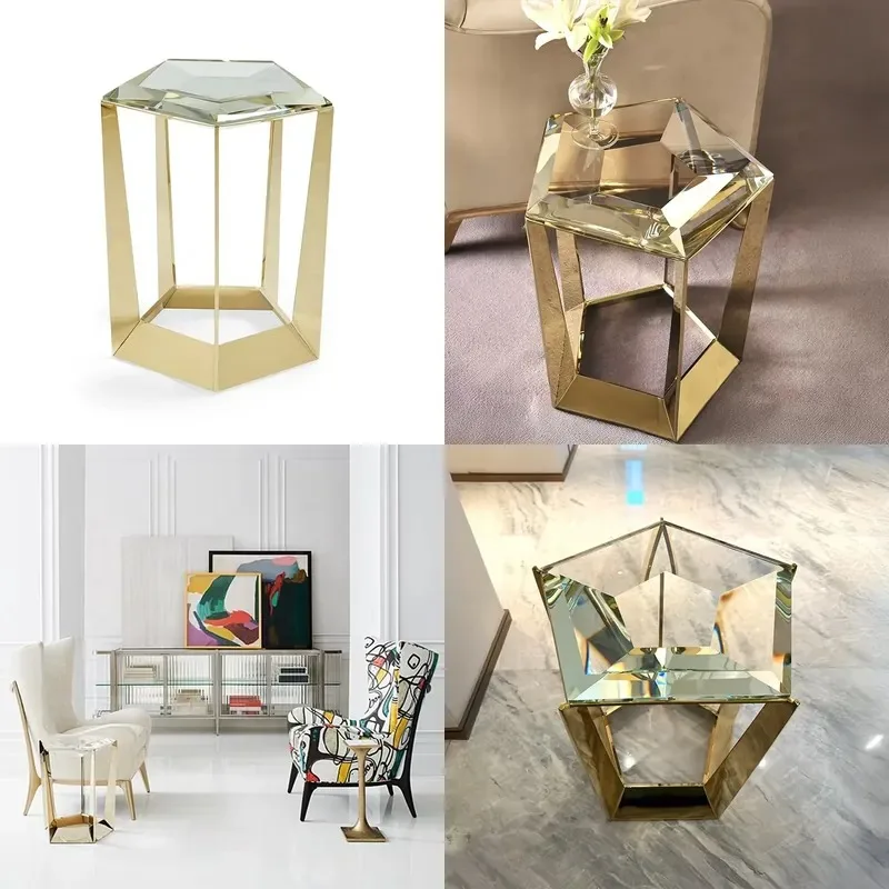 Modern Luxury Gold Stainless Steel Console Diamond Glass Shaped Desktop Transparent Glass Desktop Wooden Panel Home