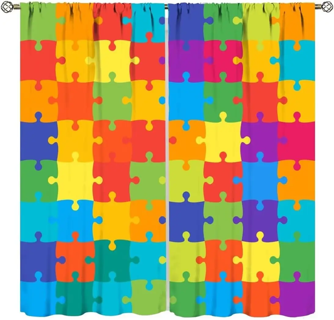 Colorful Rainbow Puzzle Piece Geometric Print Blackout Rod Pocket Curtain Modern Luxury Elegant Living Room Rest Window