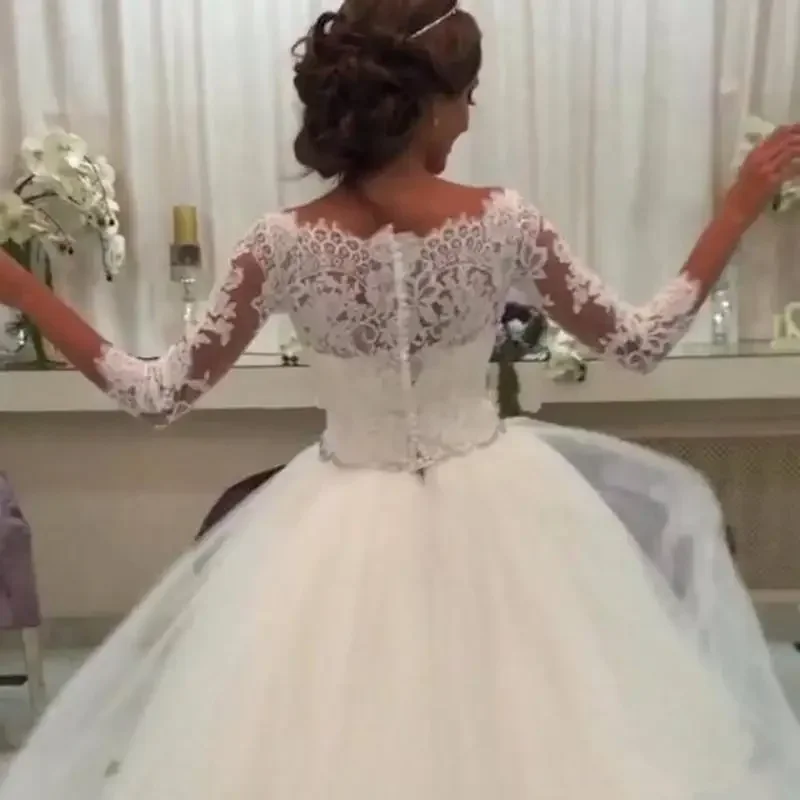 Customized Charming Off The Shoulder Ballgown Lace Appliques Bridal Dress Vestido De Noiva 3/4 Sleeves Bridal Gowns With Butt