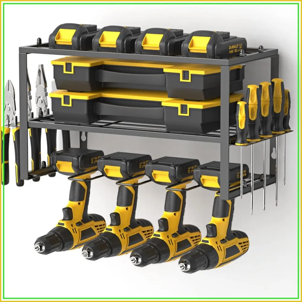 

Heavy Duty Tool Shelf - Wall Mounted Power Drill Holder - 3 Layer Cordless Drill Organizer Rack for 4 Drills