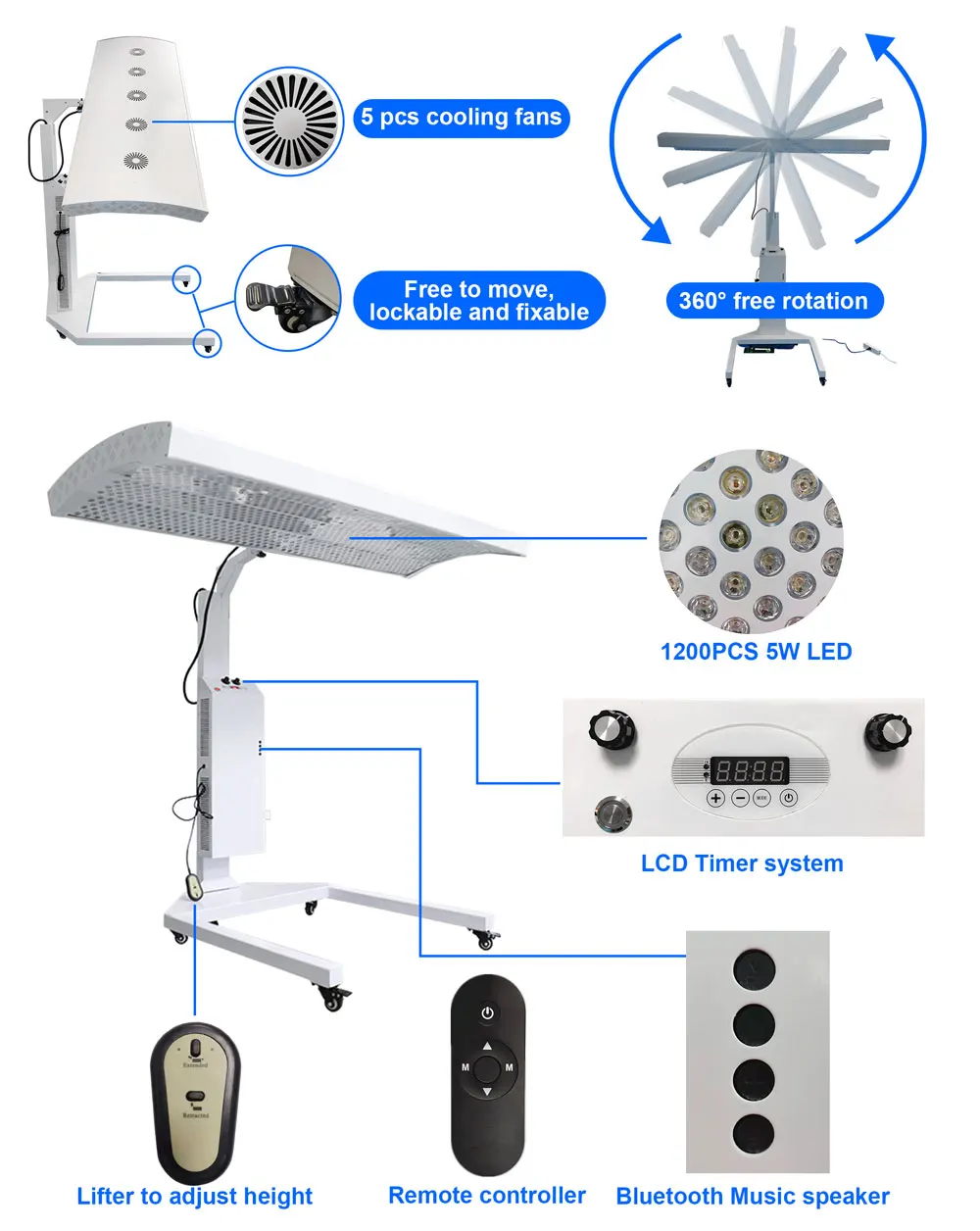 NEW 360° Rotating Automatic Lifting 660nm850nm Liquid Display Red Light Therapy Panel Bed