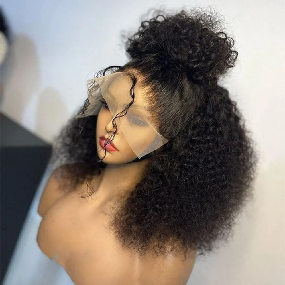 Peluca rizada de encaje frontal para mujer, pelo de bebé, suave, largo, 180de densidad, 26 ", Natural, negro, predespuntado, resistente al calor, sin pegamento, diario