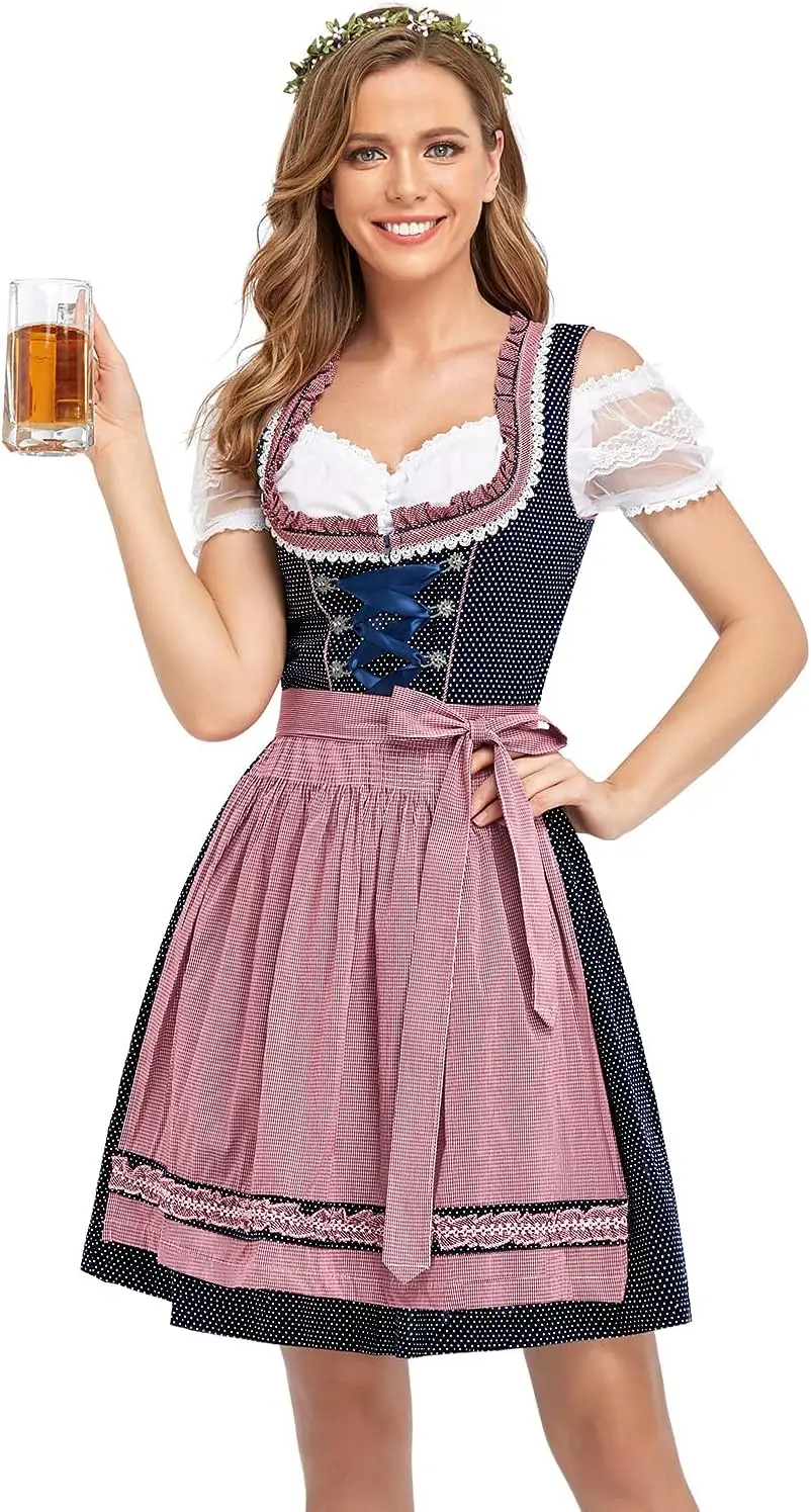 

3-Piece German Dirndl Dress Set for Women, Bavarian Blue with White Blouse & Pink Apron