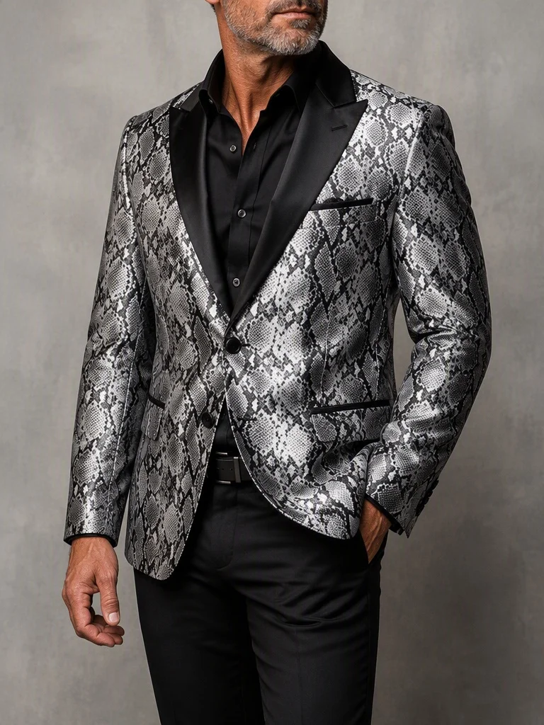 Men's High Quality Classic Grey Snake Print Blazer Single Breasted Faux Leather Suit Jacket for Business Banquet Stage Formal