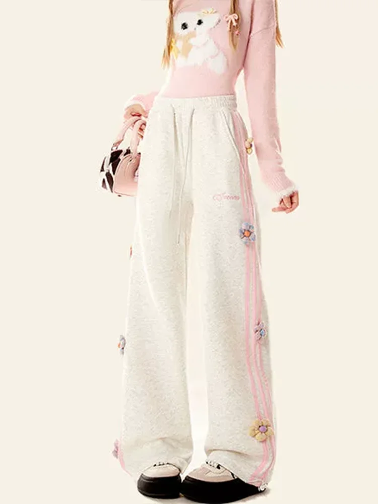 

Женские серые повседневные брюки в полоску с цветочным принтом Y2K, милые спортивные брюки в стиле 2000-х годов для уличных танцев, ретро, широкие брюки с высокой талией, одежда 2025