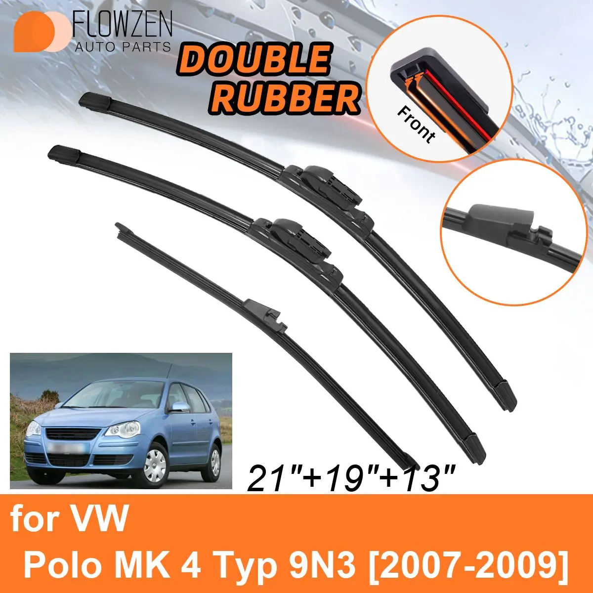 

Двойные резиновые автомобильные дворники для VW Polo MK 4 Typ 9N3 2007-2009, передние и задние щетки, аксессуары для лобового стекла 2007 2008 2009