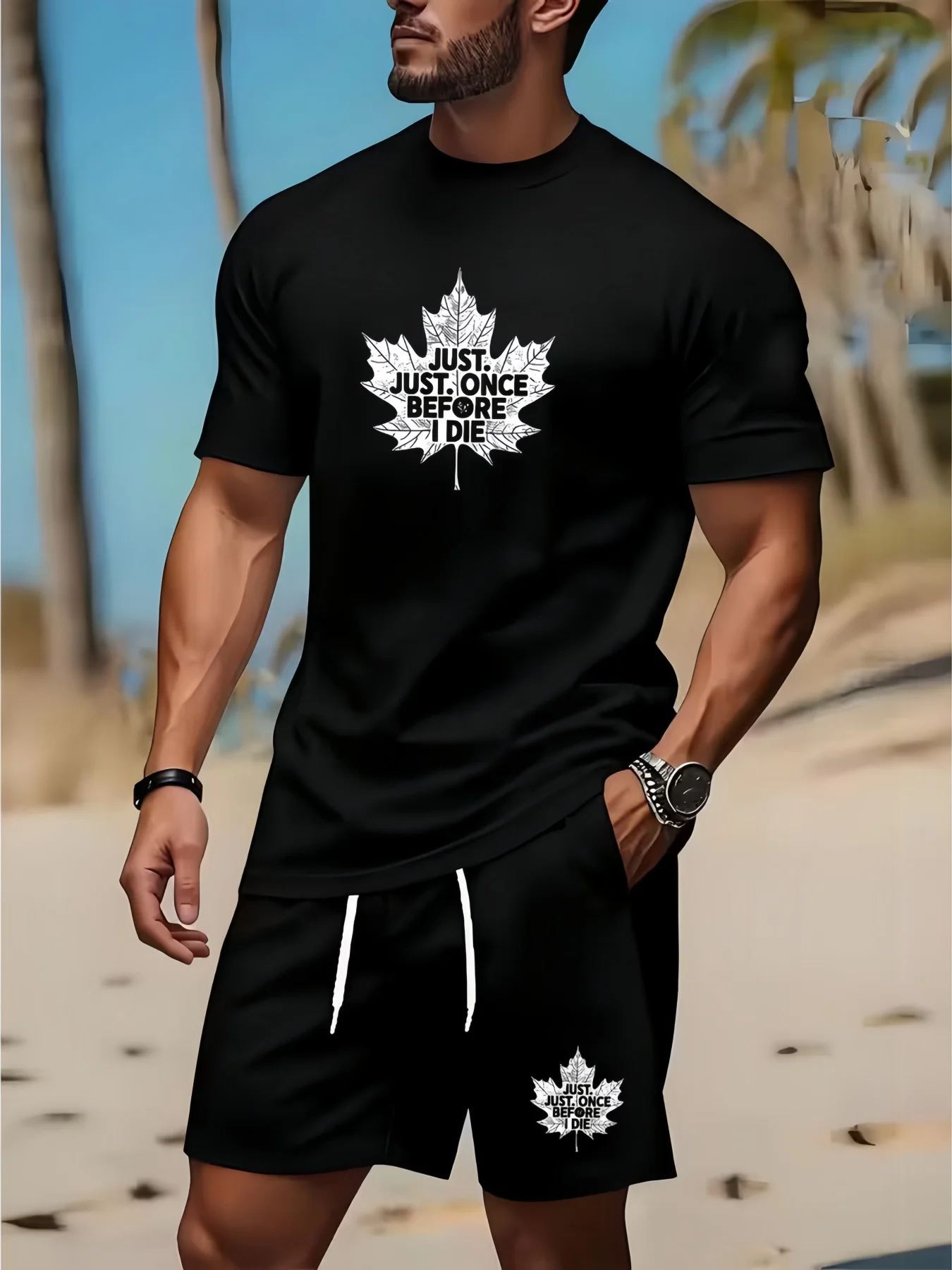 Men's Round Neck T-shirt and Shorts Set, Casual Outdoor Clothing, Comfortable and Breathable, Fashionable Summer Gothic Letter P view 2