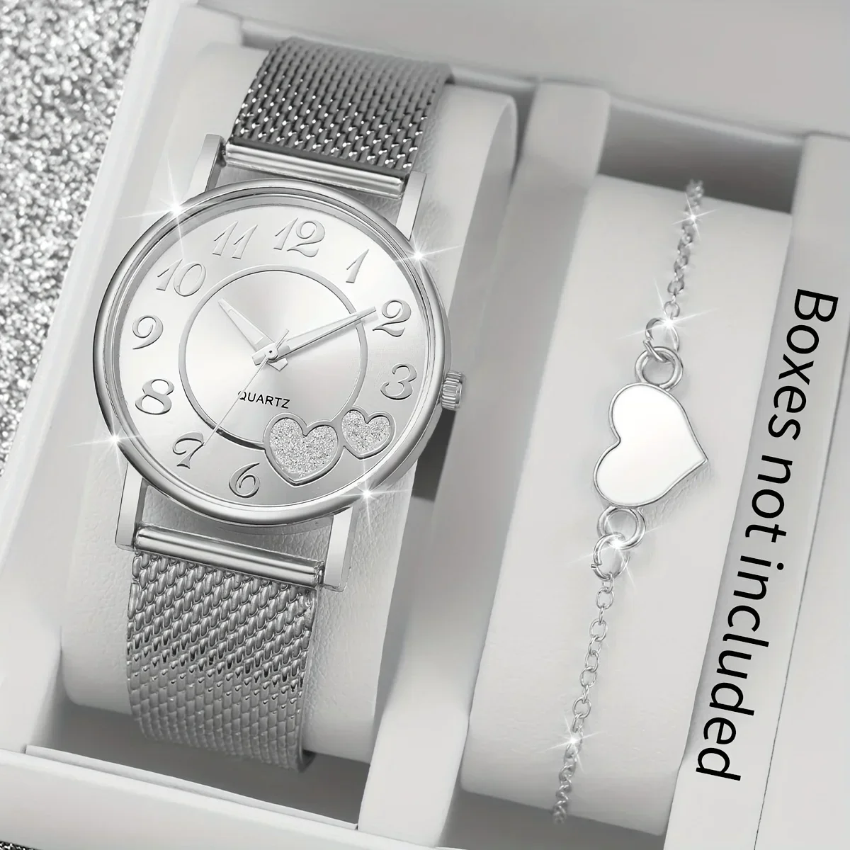 Casual Women's Quartz Watch with Heart Dial and Rubber Mesh Band, Zinc Alloy Round Case, Electronic Drive Gift Box Not Included