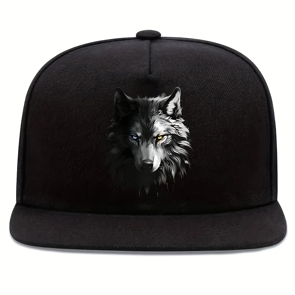 2D Flache, Verstellbare Baseballkappe mit Wolf-Print - Modische Streetwear Hip-Hop Mütze, Leichtes Polyester, Tiermuster, Flach