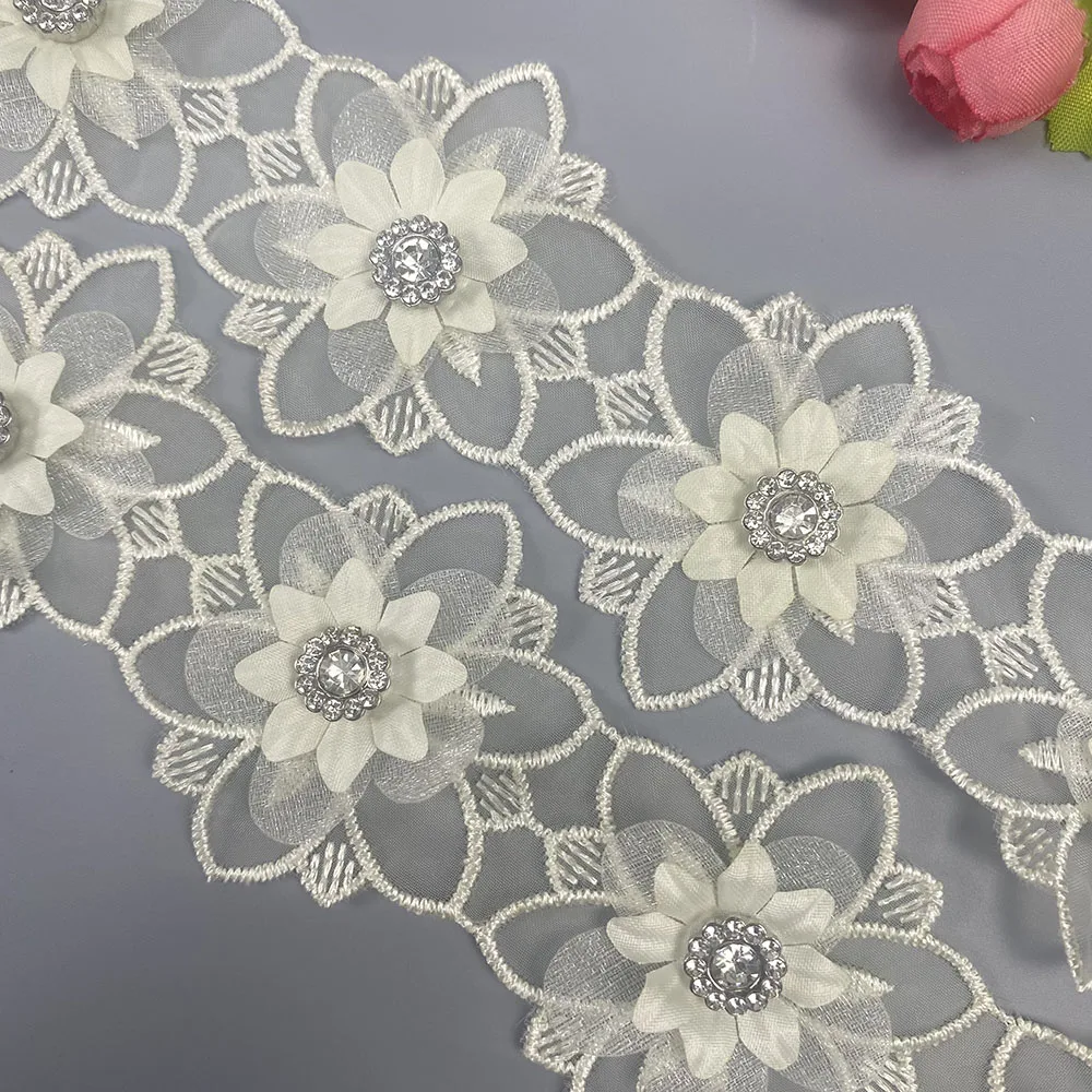 10Pcs Beige Flowers Lace Trim Embroidered Lace Fabric Diamond Sewing Supplies Crafts For Costume Hat Wedding Dress Decoration